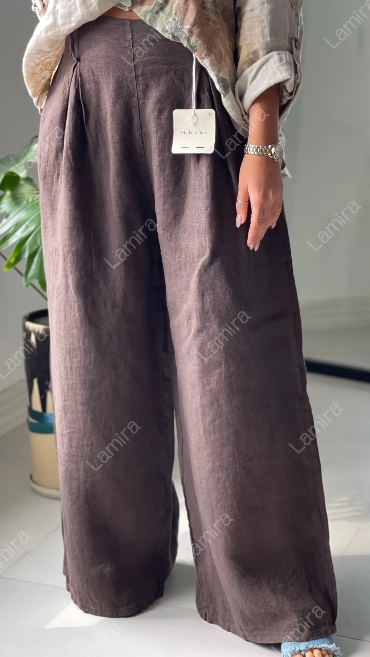 شلوار لینن ایتالیایی کمربند مرواریدی